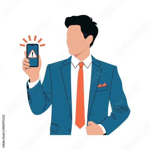 A businessman in a blue suit looks concerned at his phone
