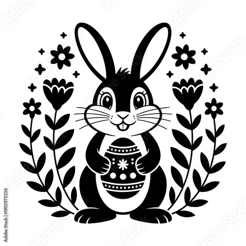 A cute cartoon bunny holding an Easter egg surrounded by flowers