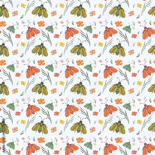 Obraz na plátně Floral pattern on white background with colorful flowers and leaves arranged in