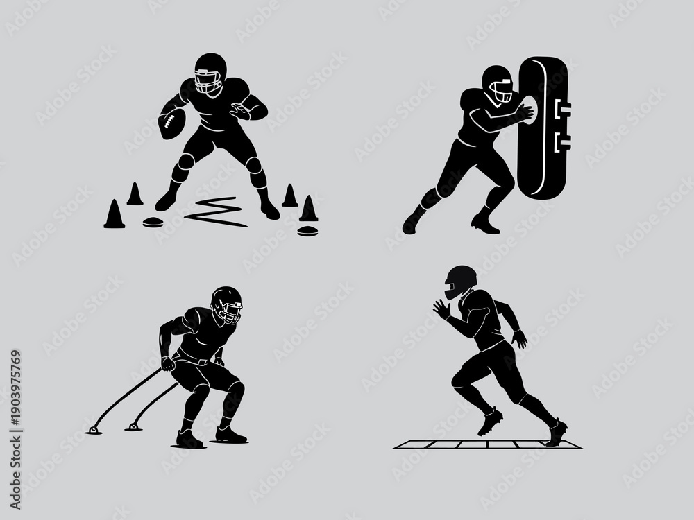 Fototapeta premium silhouette vector set of american football players practicing