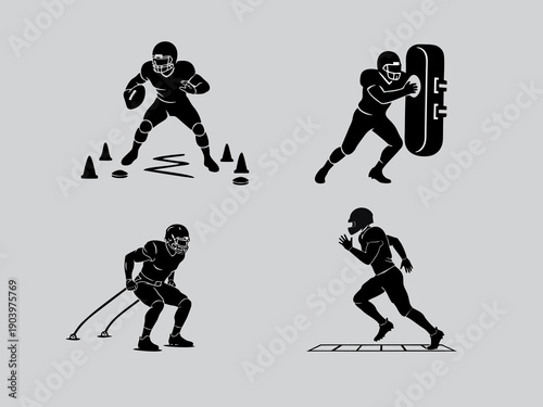 silhouette vector set of american football players practicing