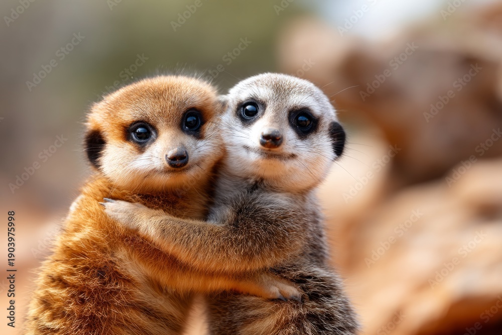 Fototapeta premium Two Adorable Meerkats Embracing in Their Natural Desert Habitat