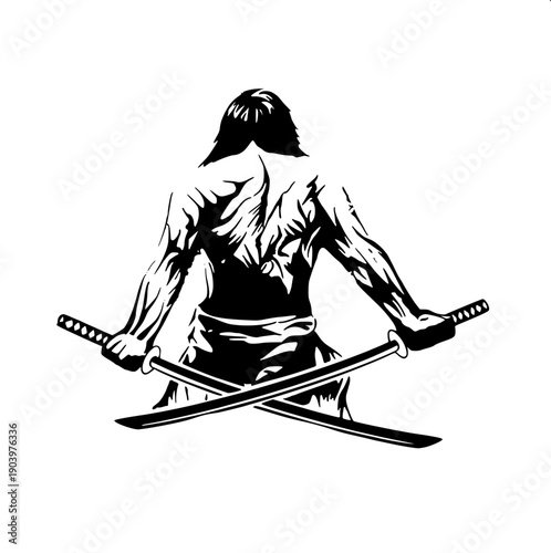 Black silhouette of ninja sprinting forward, holding katana sword diagonally across body, flowing cloth strips on arms and legs, dynamic motion lines, white background, minimal logo style