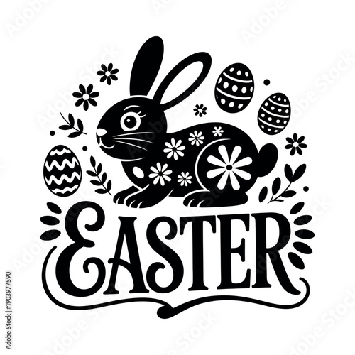 A black and white Easter graphic with a bunny and eggs