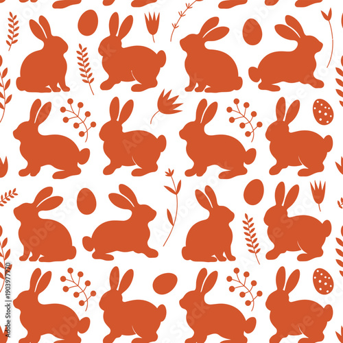 A seamless pattern of orange bunnies and Easter eggs on a white background