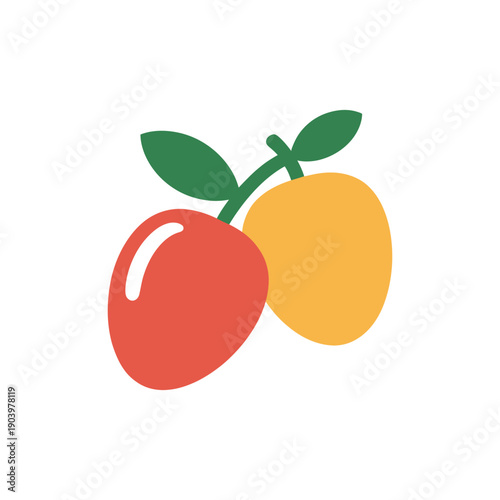 A colorful illustration of two fruits with leaves