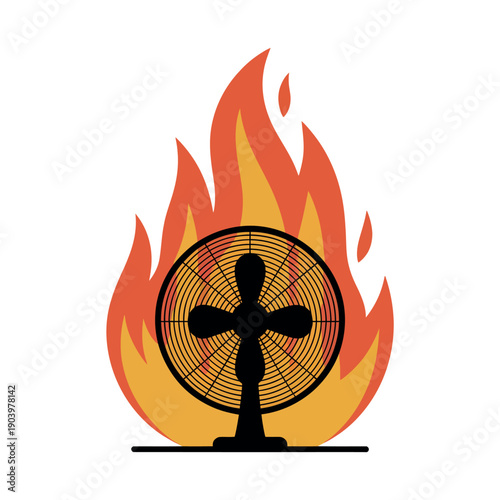 A black fan icon surrounded by flames on a white background
