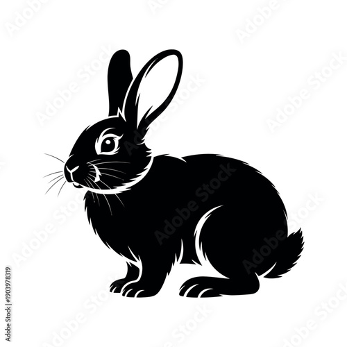 A black and white illustration of a rabbit