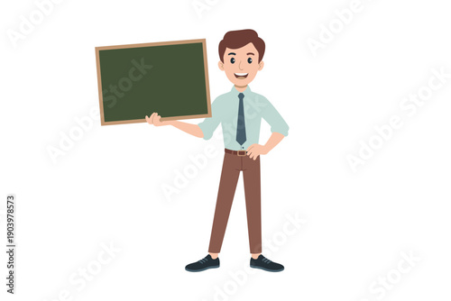 A cartoon man in a business casual outfit holding a blank chalkboard in a minimalist vector illustration style.