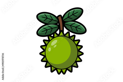A vibrant green durian fruit icon with leaves on a white background, illustrated in a flat, minimalist style.