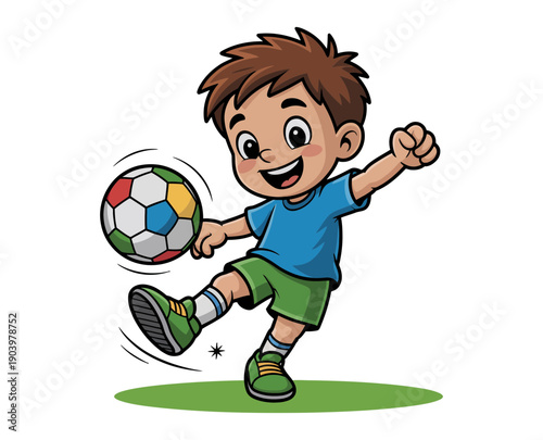 A happy cartoon boy kicking a soccer ball in a playful and energetic motion
