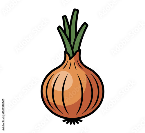 A colorful cartoon illustration of a single onion with green sprouts growing out of the top, set against a plain white background.