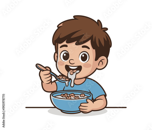 A cheerful cartoon boy eating a bowl of cereal with a spoon in a modern illustration style