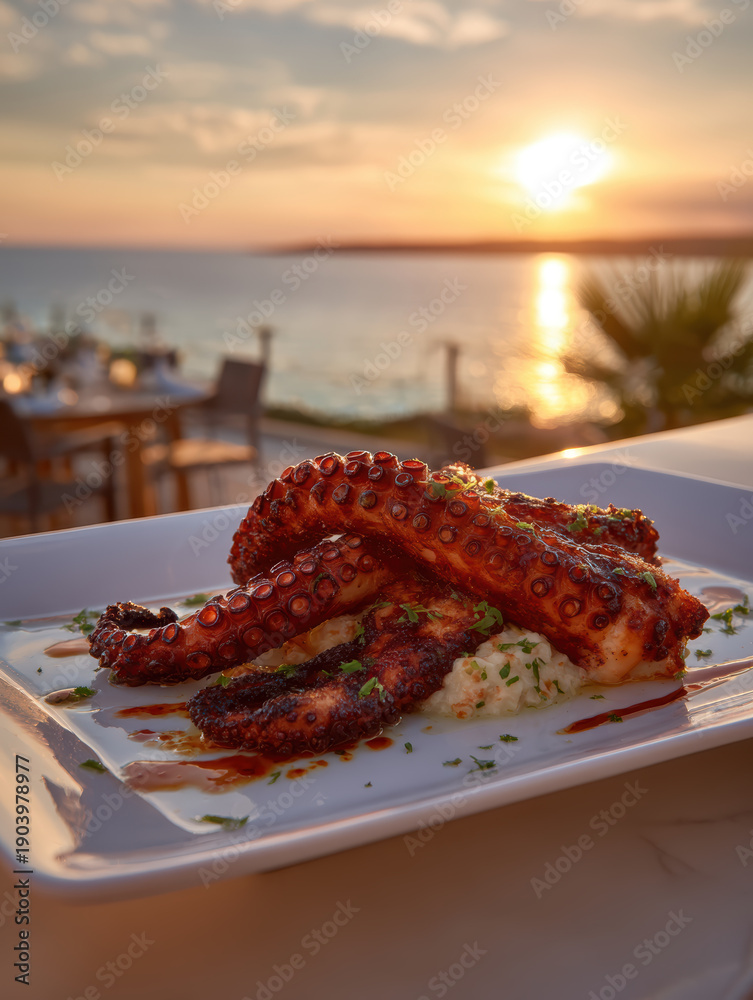 Fototapeta premium Octopus Tentacles Grilled on Plate with Sunset Ocean Background