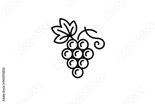 A minimalist line art illustration of a bunch of grapes with leaves and stem