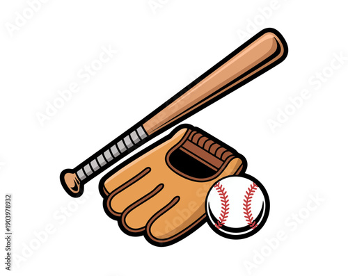 A vector graphic illustration of a baseball bat, glove, and ball on a white background