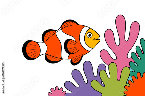 A colorful cartoon clownfish swimming near vibrant coral in a whimsical underwater scene