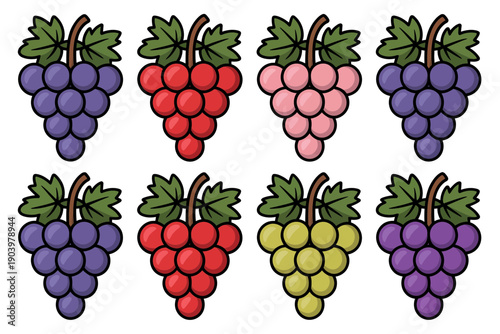 A colorful vector illustration of eight bunches of grapes in different colors and a flat design style