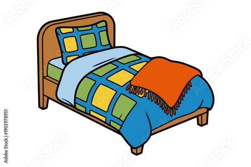 A colorful cartoon illustration of a single bed with a wooden frame and a vibrant patchwork quilt
