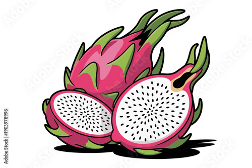 A vibrant illustration of dragon fruits, one cut open to reveal its white interior with tiny black seeds