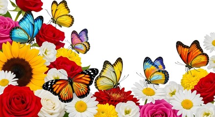Colorful butterflies on a vibrant floral border of roses, sunflowers, and daisies.