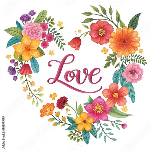 Floral wreath with Love lettering, romantic illustration for wedding and holiday design