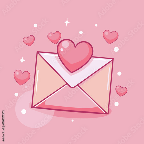 Romantic envelope with hearts - cute love letter illustration, Valentine's card for cards and social media