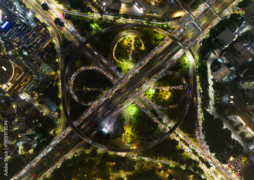 фотографія Aerial view of cityligth flyover Semanggi road at night in Jakarta Indonesia