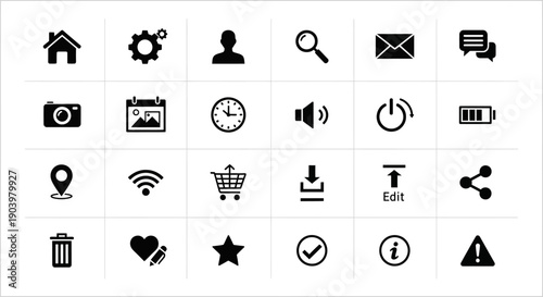 Collection of Various Black Icons on Grid.