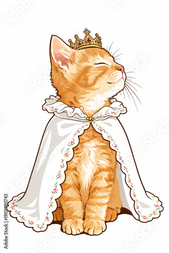 Royal ginger kitten wearing golden crown and elegant white cape with embroidery