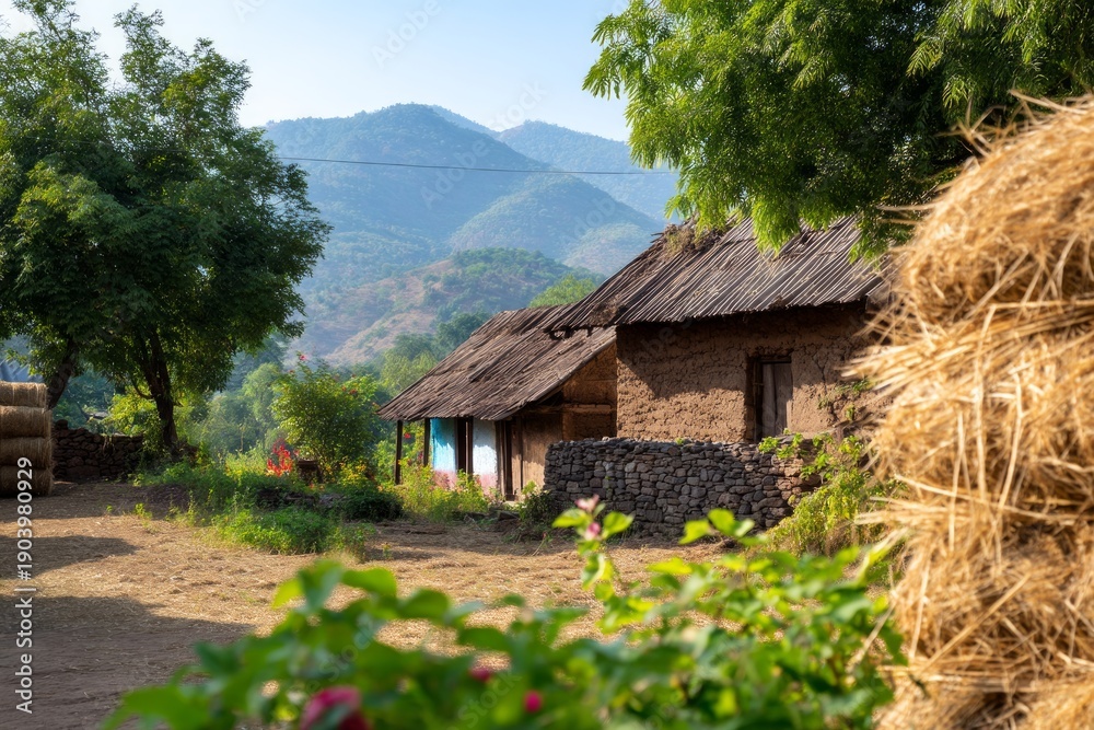Fototapeta premium Scenic Village Activity with Natural Backdrop and Rural Landscape View
