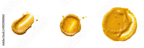 Set of mustard sauce smears and dollops isolated on white background