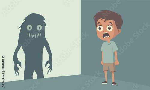 Flat illustration of a boy seeing a ghost