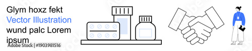Healthcare, collaboration, professionalism, pharmacy, business partnerships, teamwork. Medication bottles, pills handshake and a professional individual. Healthcare and collaboration concepts