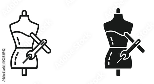 Dressmaker's Mannequin with Measuring Tape and Scissors in Simple Line Art