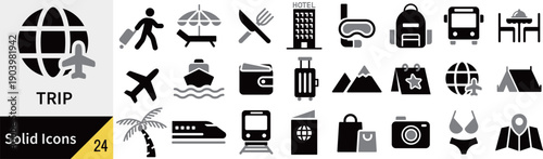 ベクターの旅に関するシルエットアイコンセット
