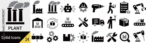 ベクターの工場に関するシルエットアイコンセット
