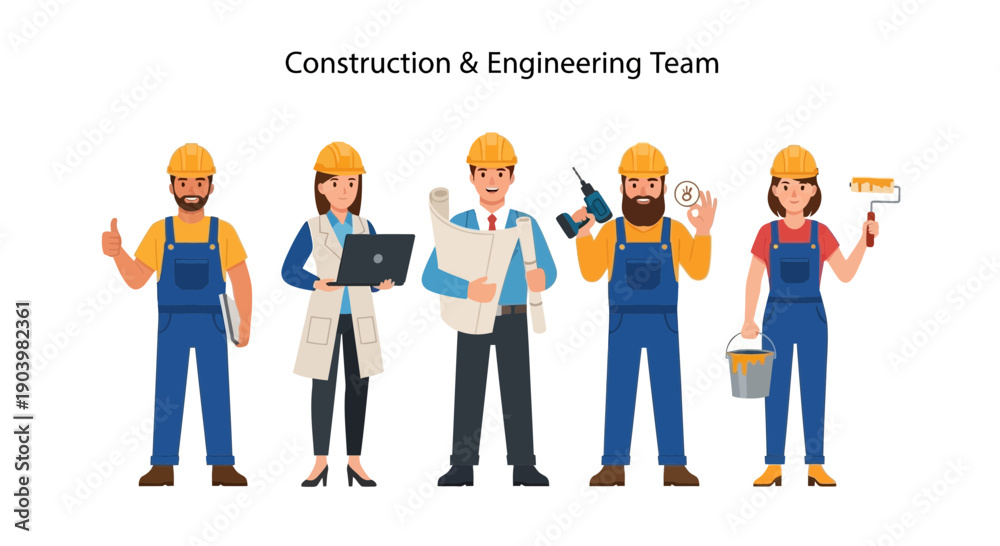 Fototapeta premium Construction and Engineering Team Group Professional Workers Illustration