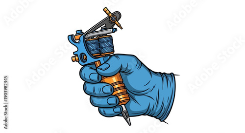 Tattoo Artist Hand Holding Coil Machine in Blue Glove Illustration