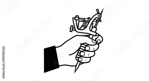 Hand Holding Traditional Coil Tattoo Machine Line Art Icon