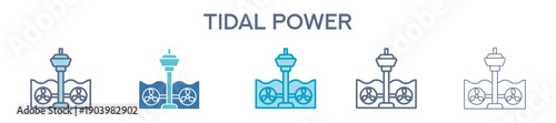 Tidal Power Icon Set - Ocean Energy And Renewable Marine Power Line Vector Illustration 