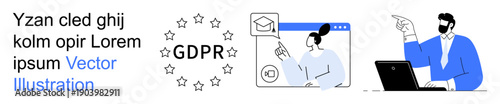 Data privacy, online security, GDPR compliance, digital regulation, information ethics, internet safety. A GDPR icon, web browser interface and professionals interacting. Data privacy and online