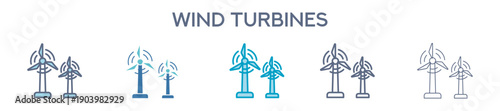 Wind Turbines Icon Set - Wind Power Generation And Renewable Energy Line Vector Illustration 