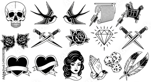 American Traditional Tattoo Flash Vector Collection Black and White