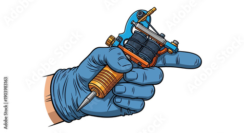Tattoo Artist Hand in Blue Glove Holds Coil Machine Illustration