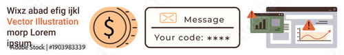 Financial security, online communication, cybersecurity, notifications, data analysis, alerts. Includes dollar coin, message details with code and analytical charts. Financial safety