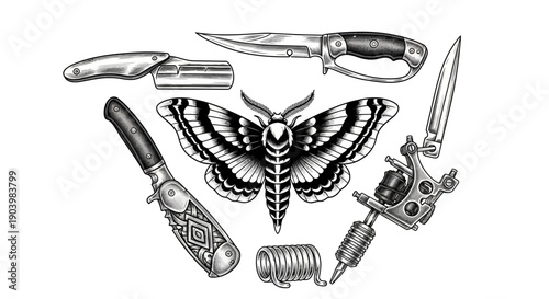 Traditional Tattoo Flash Set Moth Knives Razor Machine Illustration
