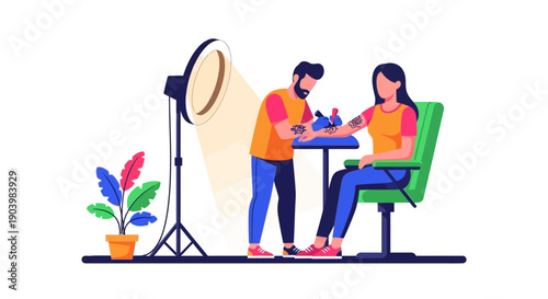 Tattoo Artist Working on Client Arm Flat Vector Illustration