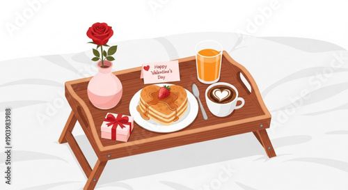 Valentine's Day breakfast with pancakes, rose, gift and coffee