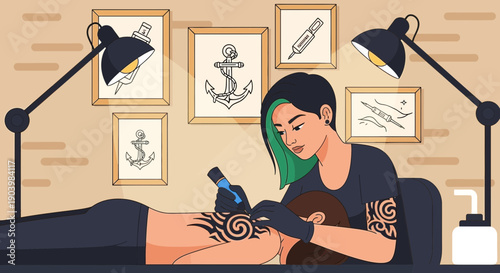 Female Tattoo Artist Working on Client Back Tattoo Illustration